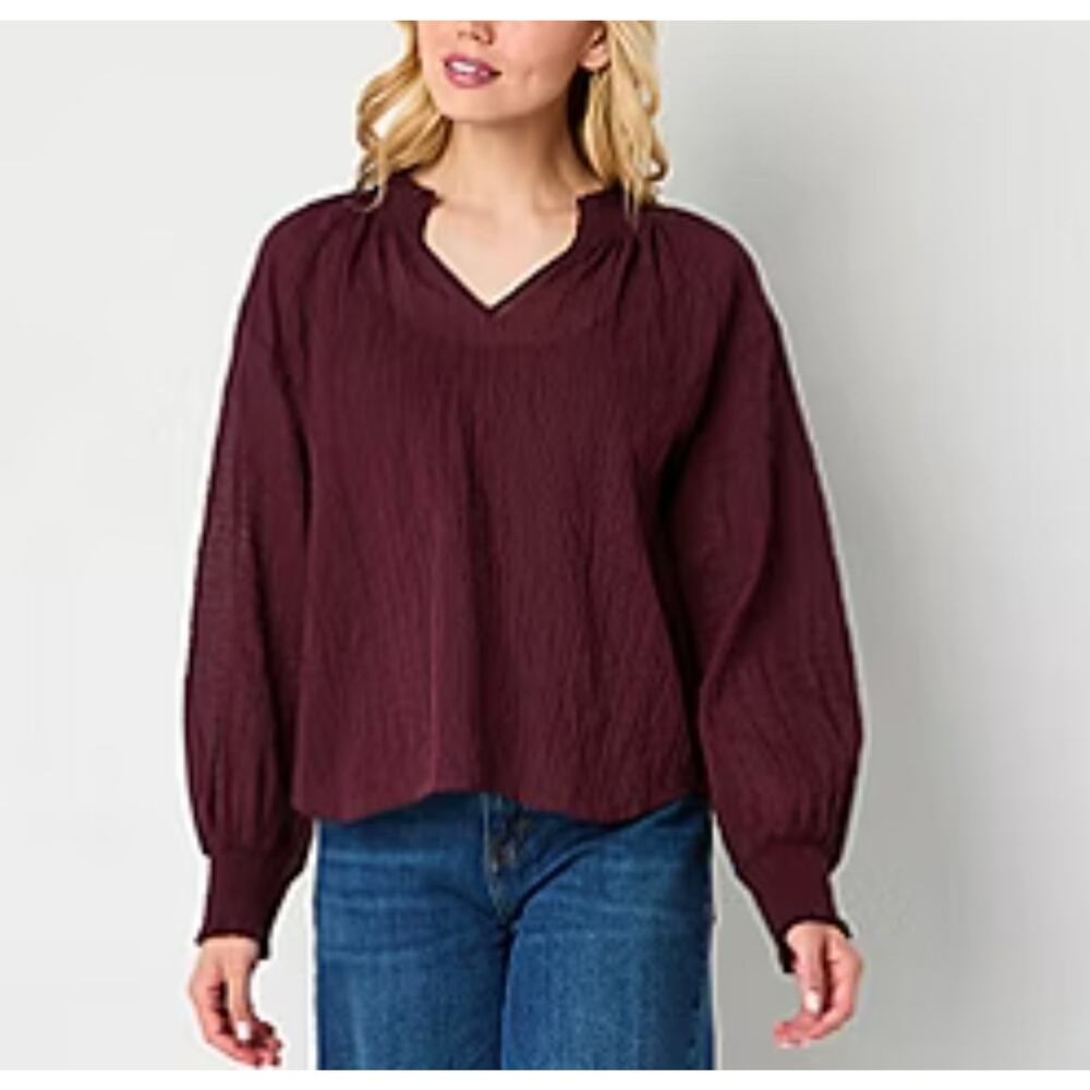 ANA Top XL Port Wine V Neck Lantern Sleeve Crinkled Polyester Lightweight NWT - Picture 1 of 7